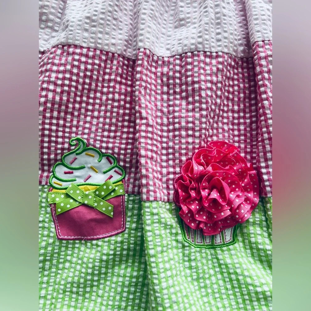 Vintage Emily Rose girls pink green seersucker gingham cupcake birthday dress 6